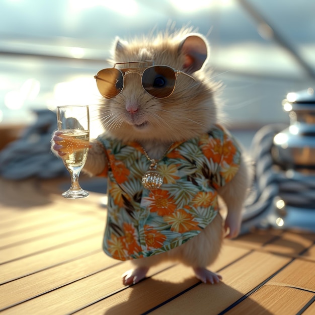 Un ratón con ropa de verano bebe un cóctel en un crucero de lujo