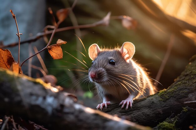 Ratón salvaje descansando en el suelo del bosque con una exuberante vegetación verde IA generativa