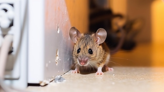 Foto el ratón se sienta cerca del alambre masticado en la cocina de un apartamento