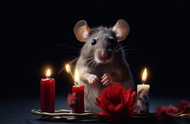 Un ratón se sienta frente a una vela con una flor roja.