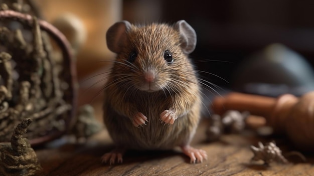 Un ratón se sienta en una mesa frente a una casa.