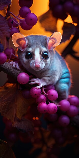 un ratón se sienta en una rama con bayas púrpuras
