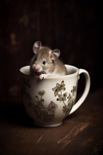 Un ratón se sienta en una taza con un diseño floral.