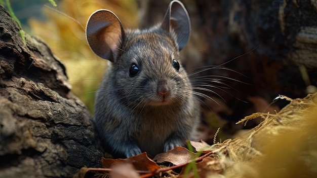 Un ratón se sienta en el tronco de un árbol.