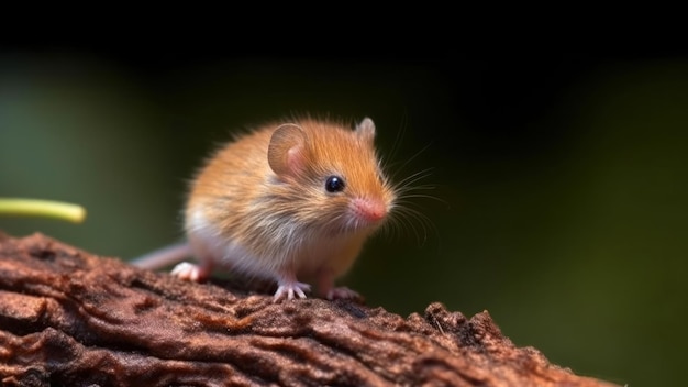 Un ratón se sienta en un tronco en un cuarto oscuro.