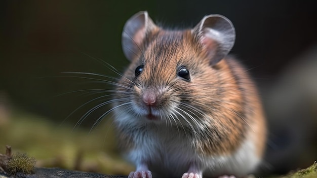 Un ratón se sienta en un tronco con las orejas apuntando hacia arriba.