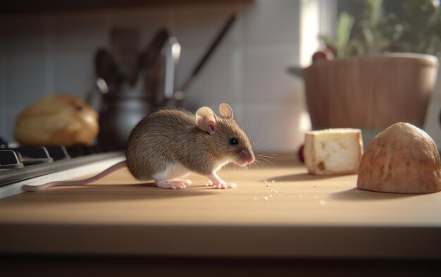 Foto un ratón sobre una mesa de cocina fondo animal doméstico ai generado