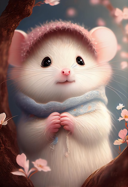 Un ratón con sombrero y bufanda se para en un árbol con flores rosas.