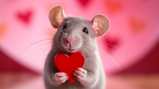 Foto ratón sosteniendo un corazón rojo sobre un fondo rosa tarjeta de felicitación del día de san valentín