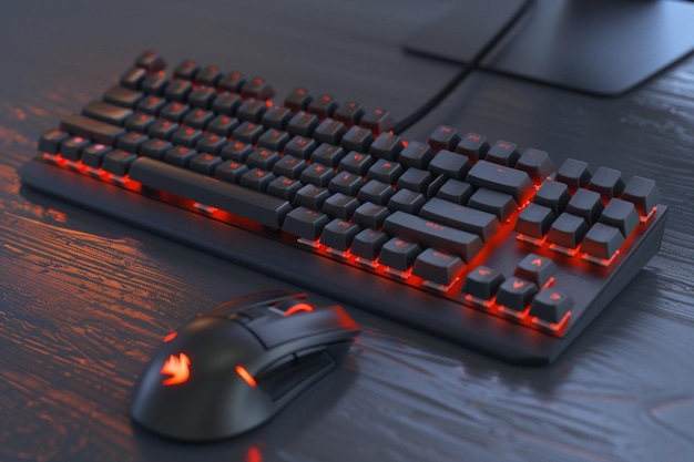 un ratón y un teclado con una luz roja en él