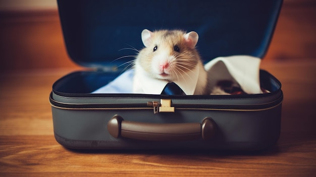 Un ratón con traje lleva corbata.