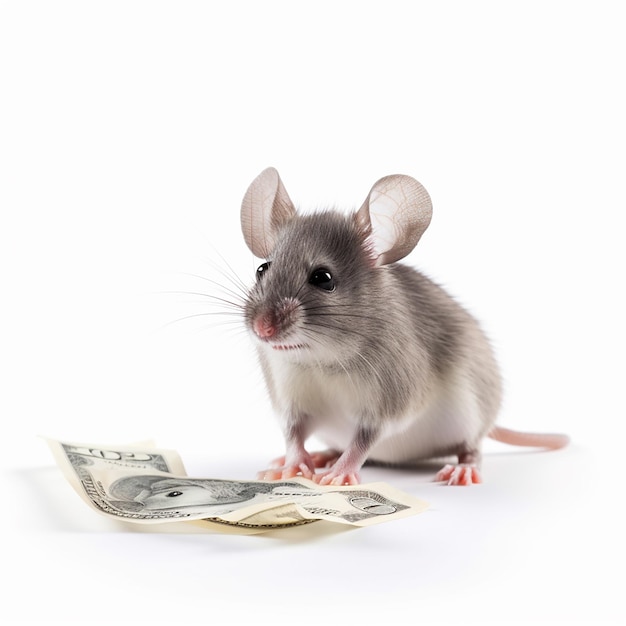 un ratoncito lindo come un billete de un dólar mordido en un fondo blanco fotos divertidas de primer plano con animales