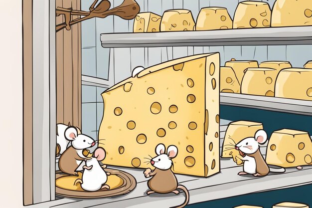 ratones comiendo queso en una ilustración cómica de fiesta