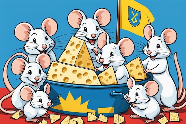 ratones comiendo queso en una ilustración cómica de fiesta