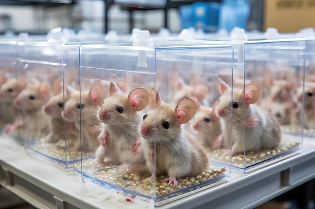 Ratones de laboratorio con recipientes de plástico Los animales ayudan a la gente a entender y curar las enfermedades modernas