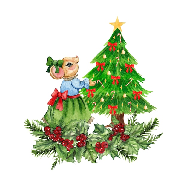 Ratones navideños en acuarela en una composición al estilo de dibujos animados