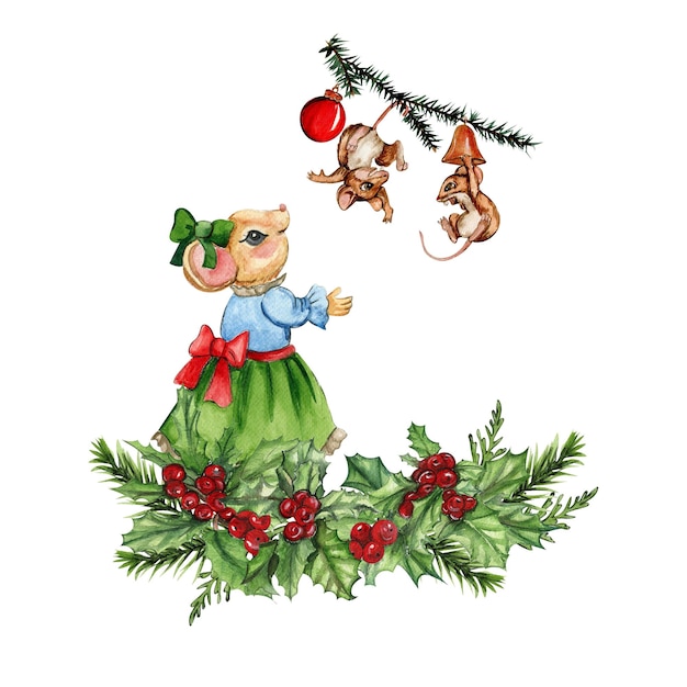 Ratones navideños en acuarela en una composición al estilo de dibujos animados