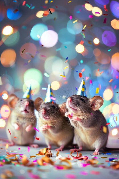 Ratos alegres con pequeños sombreros de fiesta disfrutando de una fiesta de Año Nuevo o de cumpleaños con luces bokeh brillantes y caprichosos confeti de papel que mejoran la celebración