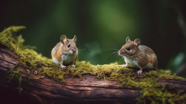 ratos bonitos sentados em troncos de madeira cobertos de musgo na floresta