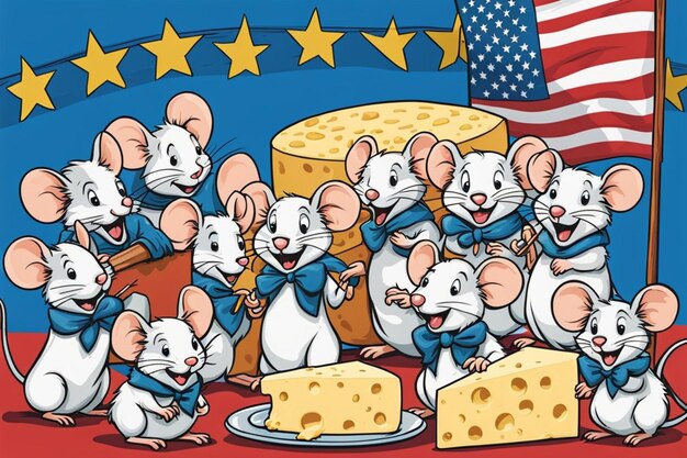 ratos comendo queijo em uma ilustração em quadrinhos de festa