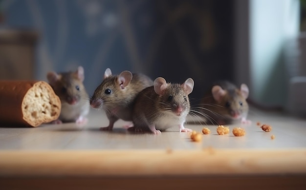 Ratos na mesa da cozinha comem migalhas closeup