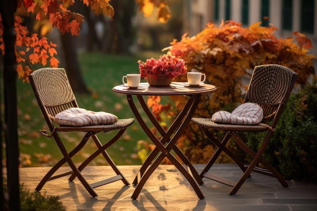 Rattan-Gartentisch und Stühle für zwei Personen vor herbstlichem Gartenhintergrund