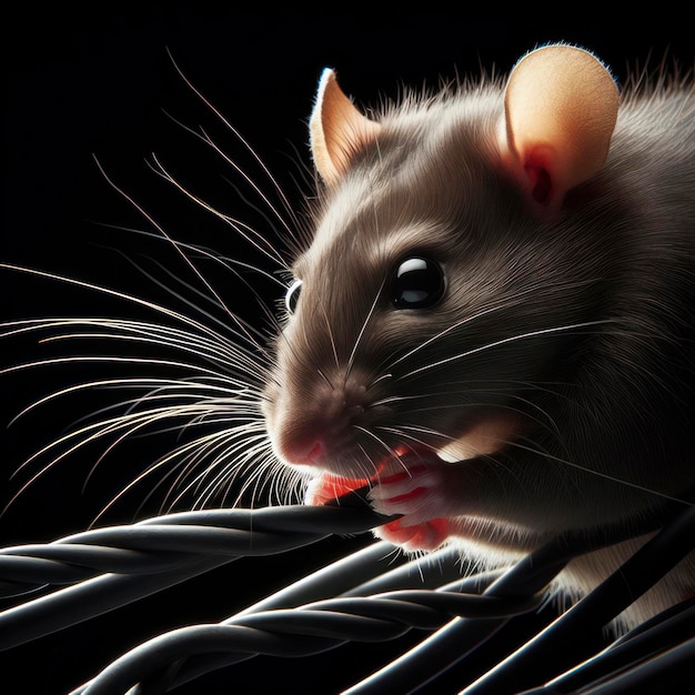 Ratte, die an elektrischen Drähten kaut, isolierter schwarzer Hintergrund