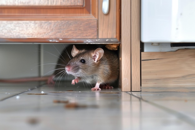 Foto ratte, die unter die küchentür springt, um zu entkommen
