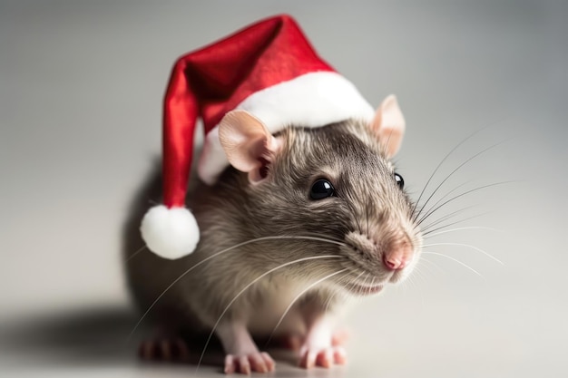 Ratte mit Weihnachtsmannmütze auf weißem Hintergrund. Generative KI