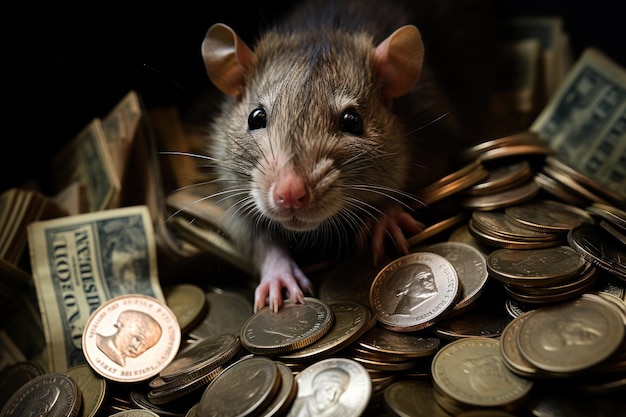 Foto ratte stiehlt geld und münzen. generative ki