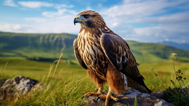 Raubvogel sitzt auf einem Felsen im Feld