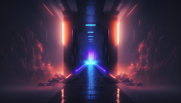 Rauch Nebel Futuristischer Flur Korridor mit Neon Laser Led Blau Lila Glühend Tunnel Metallreflexion Generative ai