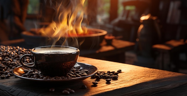 Rauch schwebt auf einer Kaffeetasse sowie Kaffeebohnen auf einem alten alten Holzbrett. Generative KI