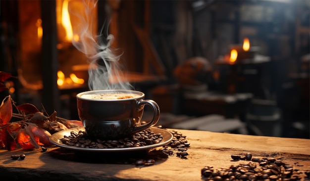 Rauch schwebt auf einer Kaffeetasse sowie Kaffeebohnen auf einem alten alten Holzbrett. Generative KI