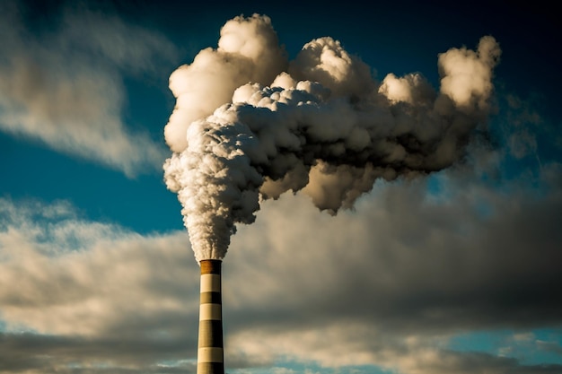 Foto rauch steigt aus den hoch aufragenden schornsteinen einer fabrik auf, ein sichtbares zeugnis für den einfluss der menschheit auf die umwelt generative ki