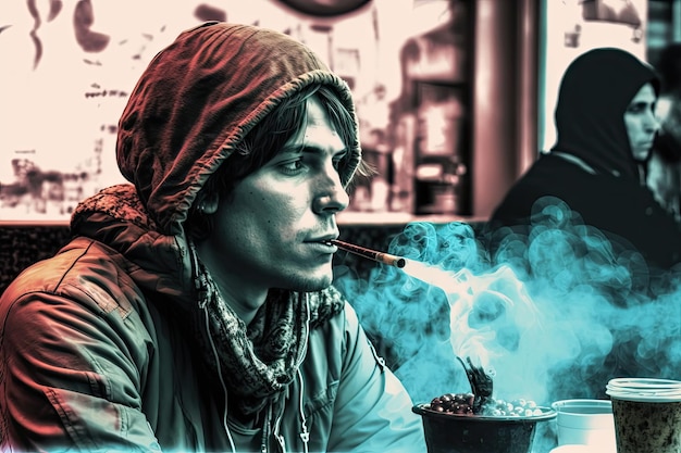 Rauchender Freund im Café beim geselligen Beisammensein mit Wasserpfeife