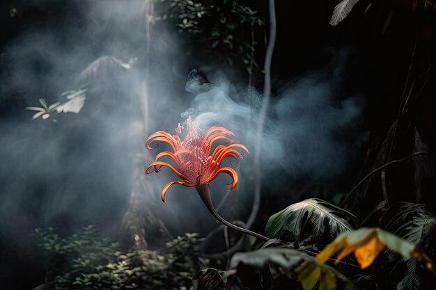 Rauchiger Dschungel mit Nahaufnahme einer blühenden exotischen Blume