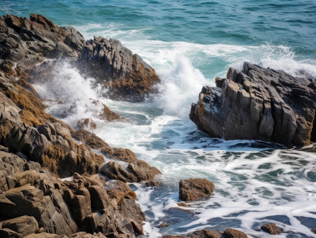 Raue Ozeanwellen, die gegen Felsen prallen