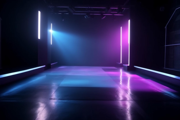 Raum hellblauer Rauchraum abstrakter schwarzer Hintergrund Neonnebelstrahlen Generative KI
