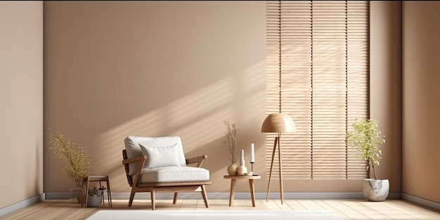Raum-Interior-Mockup in beigefarbenen Tönen mit Holzstuhl und Holzplatte