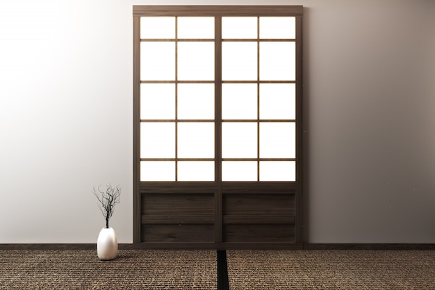 Raum leer mit Tatami-Matten und Papierschiebetüren genannt Shoji auf Raum-Zen-Stil 3D-Rendering