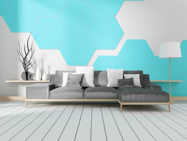 Raum mit Sofa und blauer sechseckiger Fliesenwand. 3D-Rendering