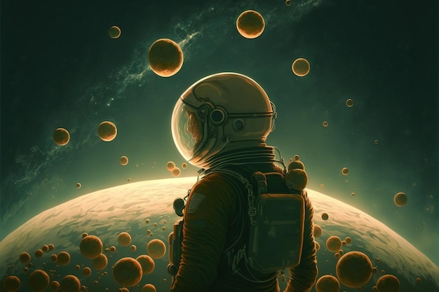 Raumfahrer, der die riesigen Kugeln betrachtet, die in der Luft schweben, digitale Kunststil-Illustrationsmalerei, Fantasiekonzept eines Raumfahrers, der den Himmel betrachtet