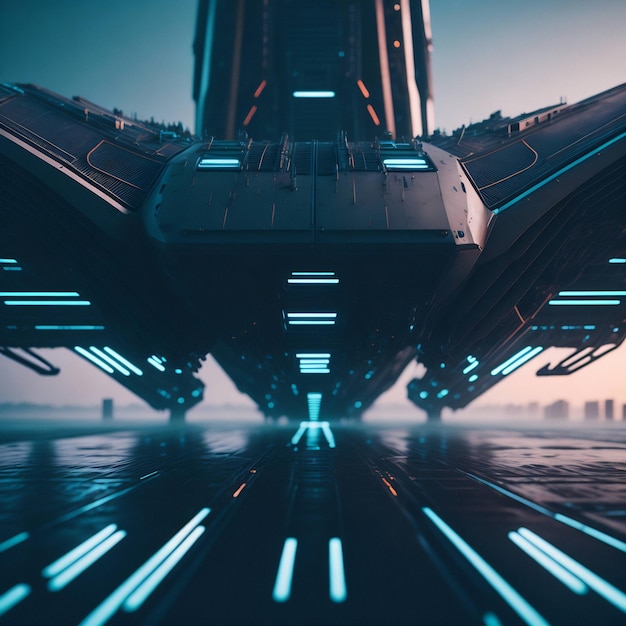 Raumfahrzeug landet in einer futuristischen Landschaft