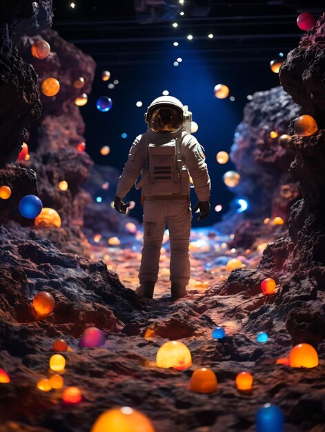 Foto raumforschungsraum kosmisches farbthema astronaut-figur kreativer live-stream hintergrundidee