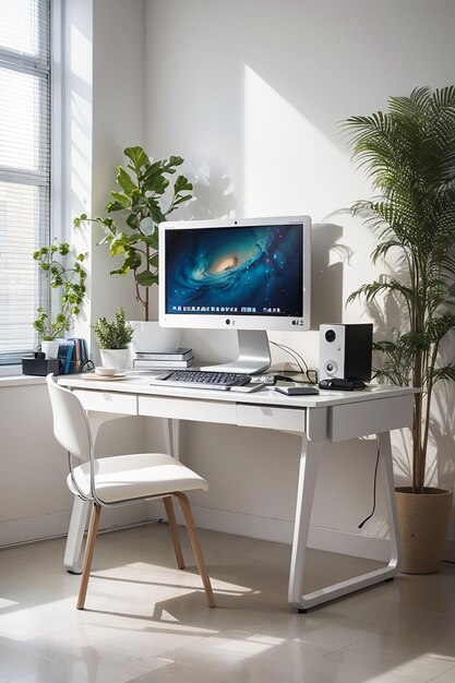 Rauminterieur mit Schreibtisch und Computer auf dem Tisch