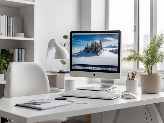 Rauminterieur mit Schreibtisch und Computer auf dem Tisch