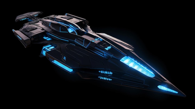 Raumschiff auf Schwarz mit blauem Motorglühen