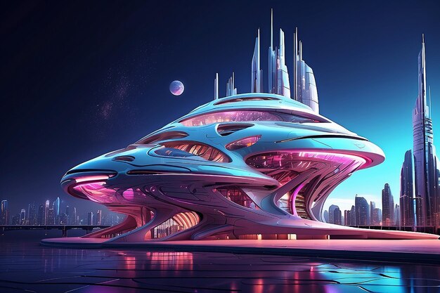 Raumschiff bis zur futuristischen Stadt Neonlichter Fraktalarchitektur Illustration Illustration für Tapeten