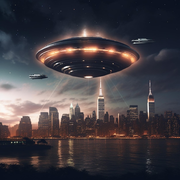 Raumschiff fliegt nachts über einer Stadt mit einer Stadt im Hintergrund generative KI
